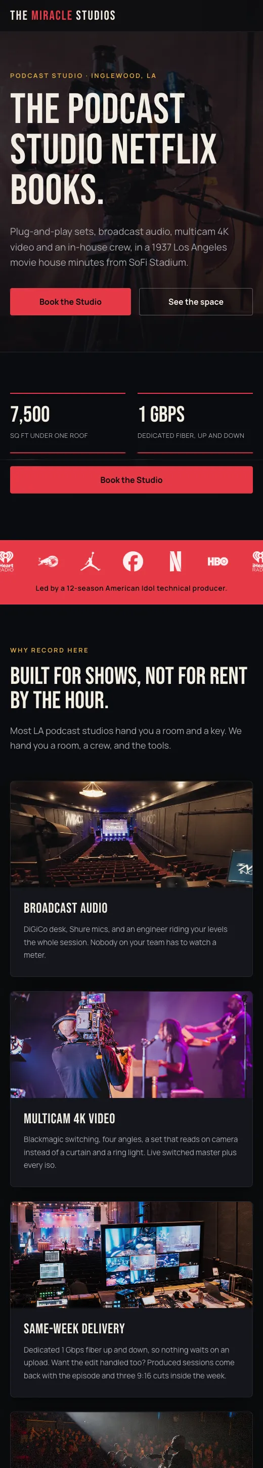 The Miracle Studios podcast studio landing page