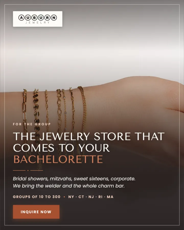Auburn Jewelry ad: bracelets on a wrist with the line The jewelry store that comes to your bachelorette