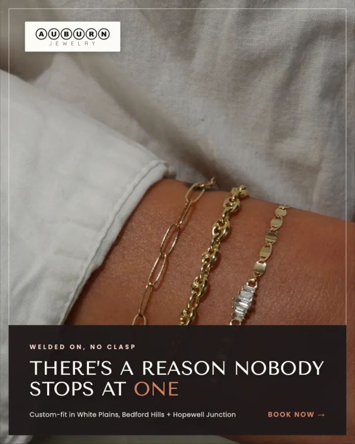 Auburn Jewelry ad: a stack of gold bracelets with the line There's a reason nobody stops at one