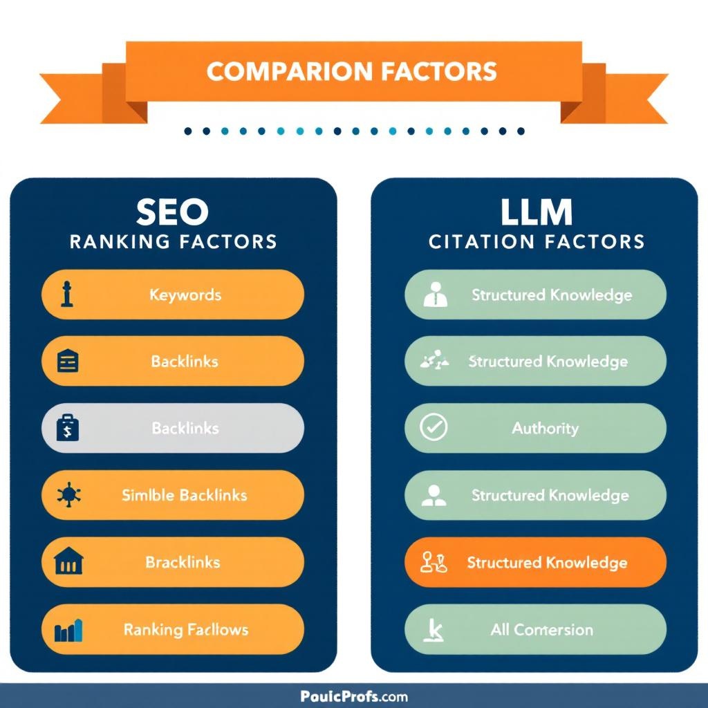 Comparison of traditional SEO vs LLM SEO ranking factors